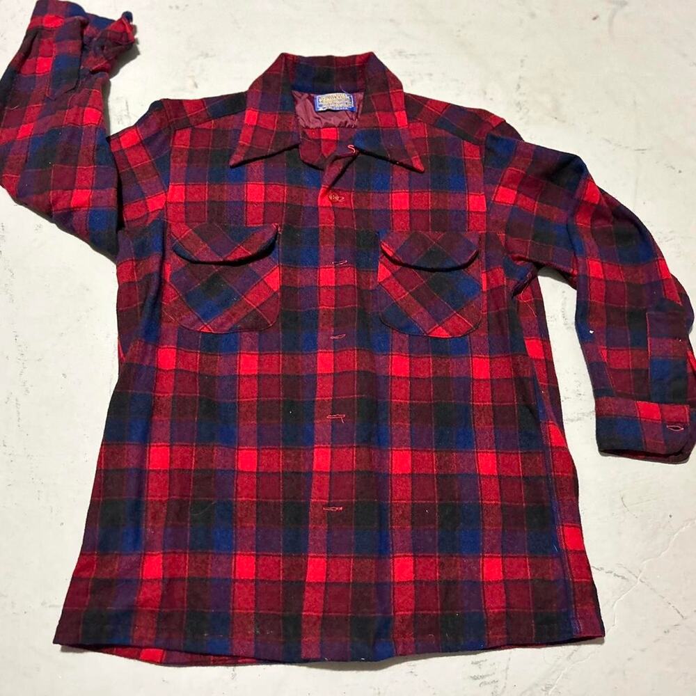 **70s Pendleton MacPherson Red Navy Plaid Board Shirt**